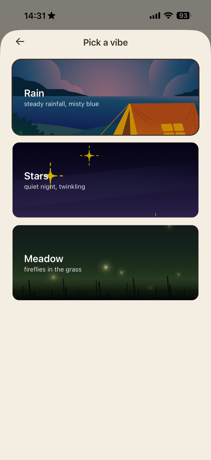 Tomoe vibe picker showing Rain, Stars, and Meadow scenes